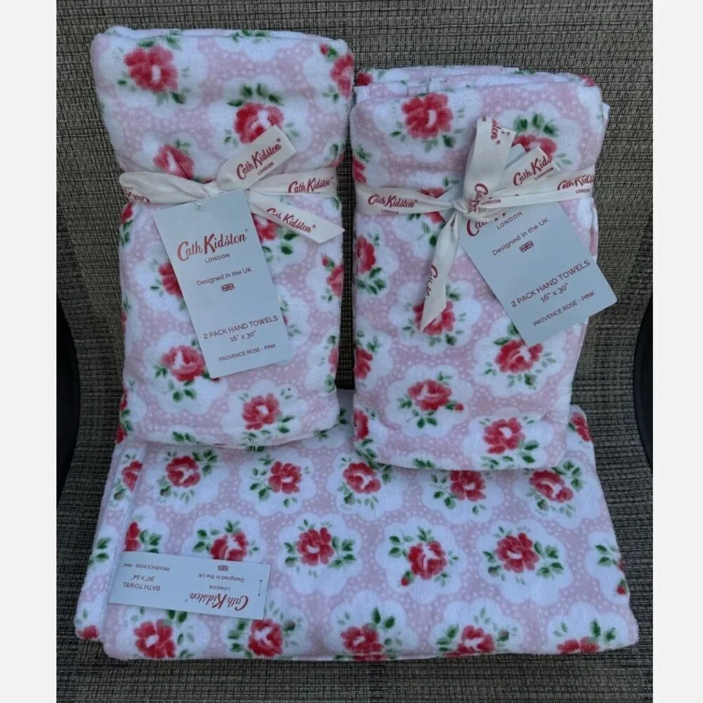 Cath Kidston Provence Rose Pink Cotton Velour One Bath & 4 Hand Towels Set 5pc